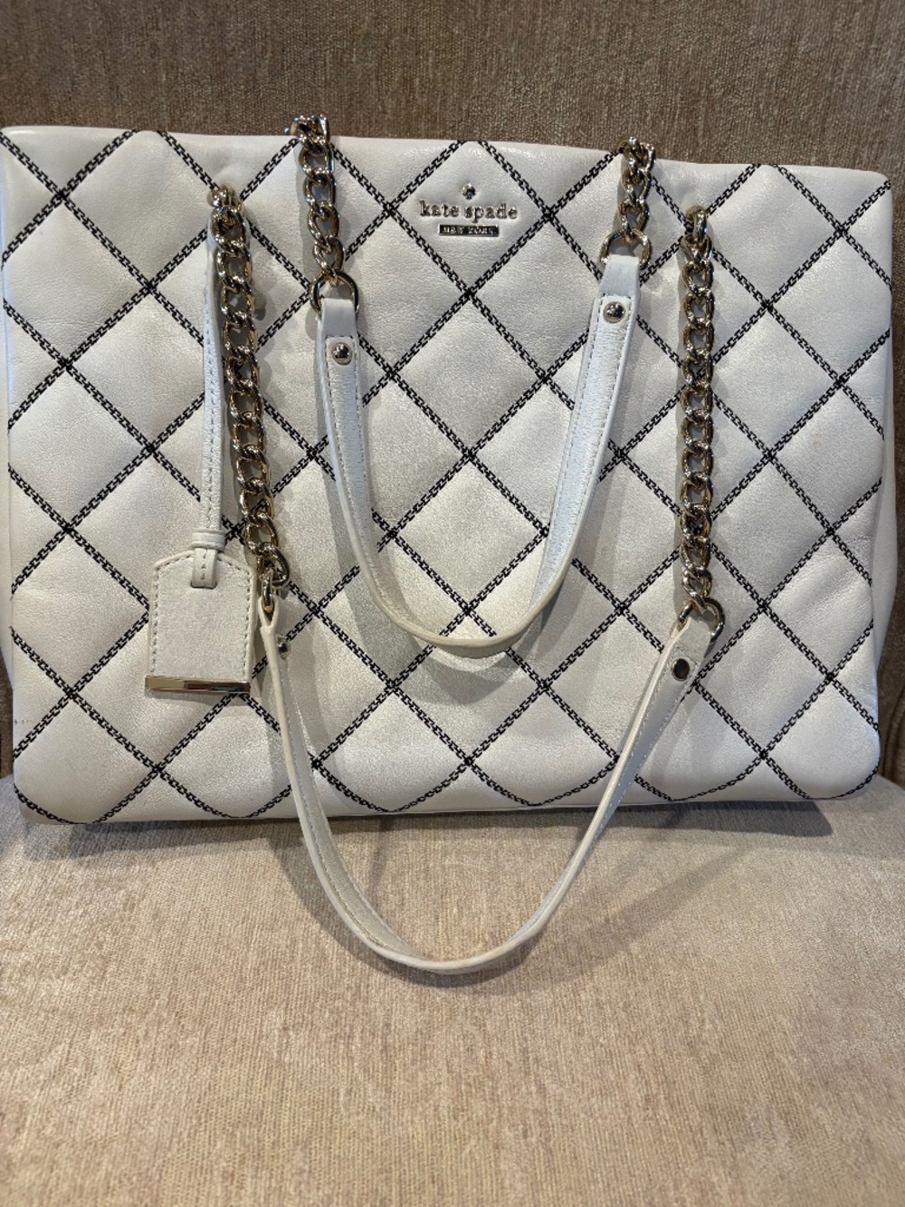 Kate Spade New York Boutique Handbag Quilted White Leather with Black Stitching